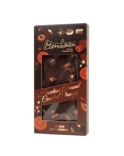 Крафтовий шоколад MonLasa чорний 76% з лісовими горіхами, мигдалем та апельсиновими цукатами на меду 80 г