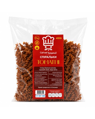 Макарони-спіральки рисові томатні (без глютену) "Світові традиції" 450 г