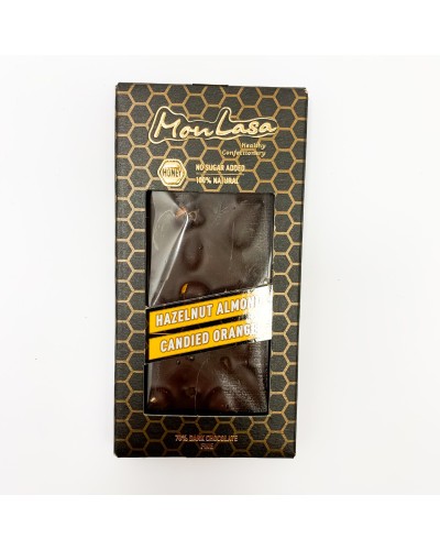 Крафтовий шоколад MonLasa чорний 70% з лісовими горіхами, мигдалем і апельсин. цукатами на меду 80 г