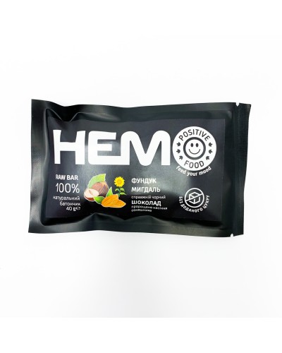 Батончик з пророщених зерен Positive Food HEMO фундук, мигдаль в чорному шоколаді без цукру 40 г
