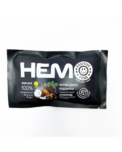 Батончик з пророщених зерен Positive Food HEMO кероб, кокос, родзинки в чорному шоколаді без цукру 40 г