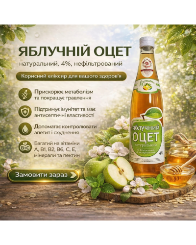 Оцет яблучний натуральний "Адамівка" 4% нефільтрований, непастеризований 500 мл
