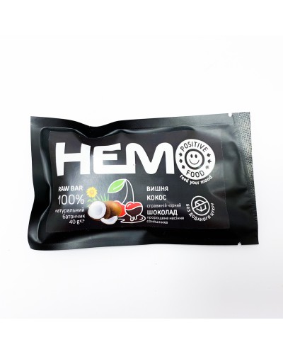 Батончик із пророщених зерен Positive Food HEMO вишня та кокос у чорному шоколаді без цукру 40 г