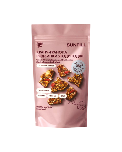 Кранч-гранола із зелёної гречки SUNFILL родзинки ягоди годжі RAW 150 г