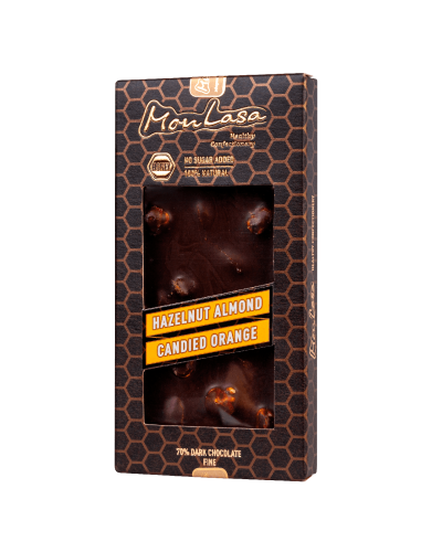 Крафтовий шоколад MonLasa чорний 76% з лісовими горіхами, мигдалем та апельсиновими цукатами на меду 80 г